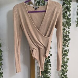 Express Tan Ribbed V-Neck Bodysuit